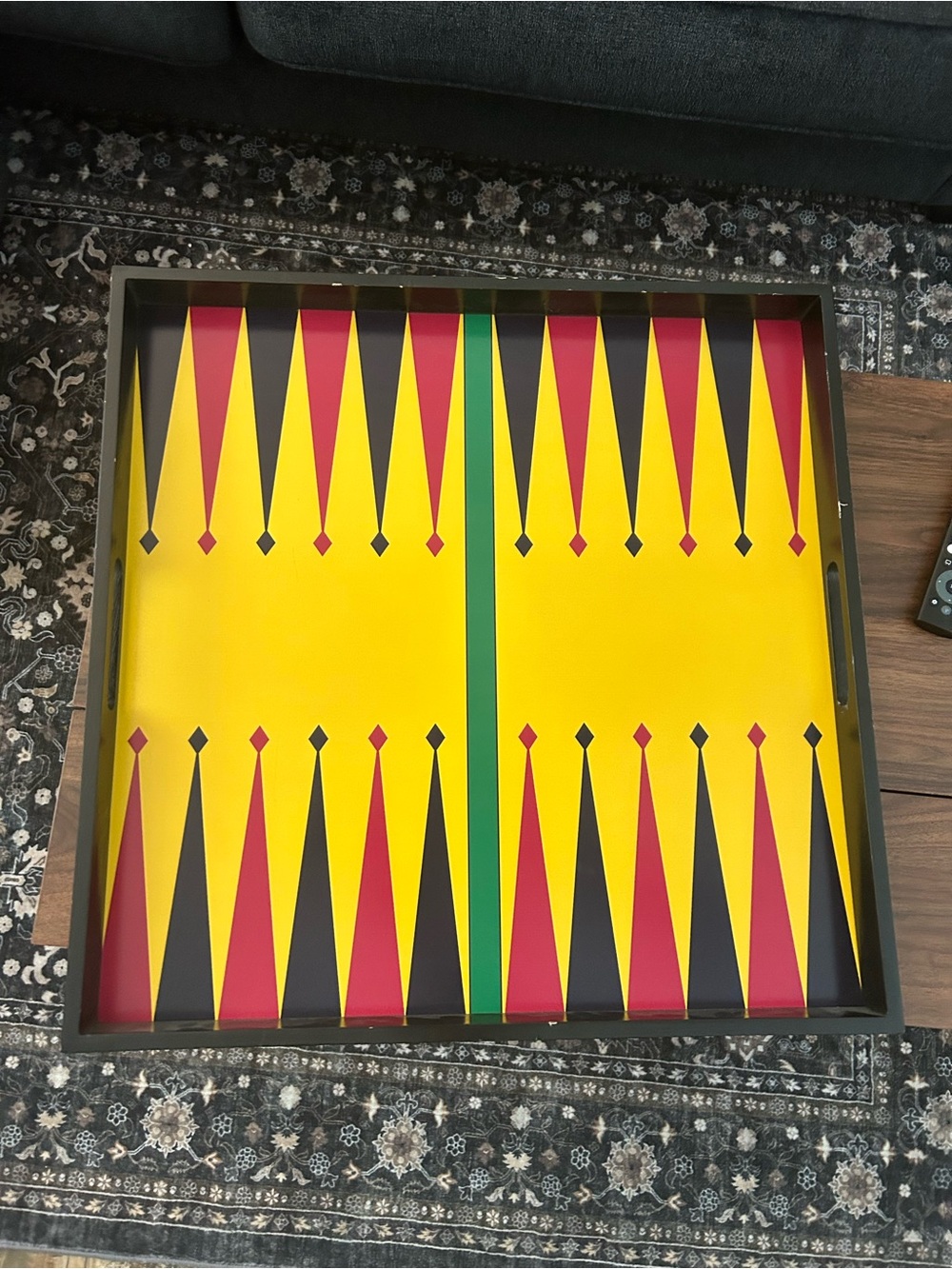 Bright Yellow Backgammon Board with Red and Black Points